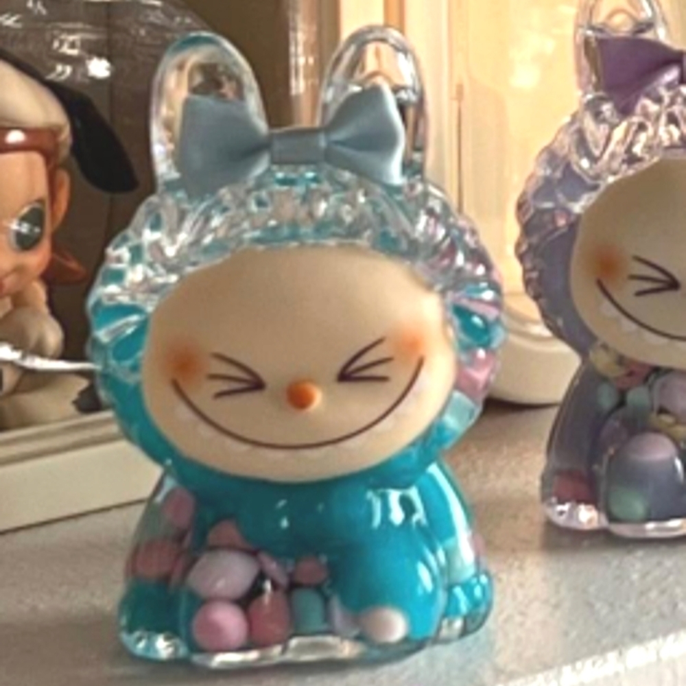 Smiling BLUE LABUBU The Monsters Figurine Blue Bow & Colorful Beads …